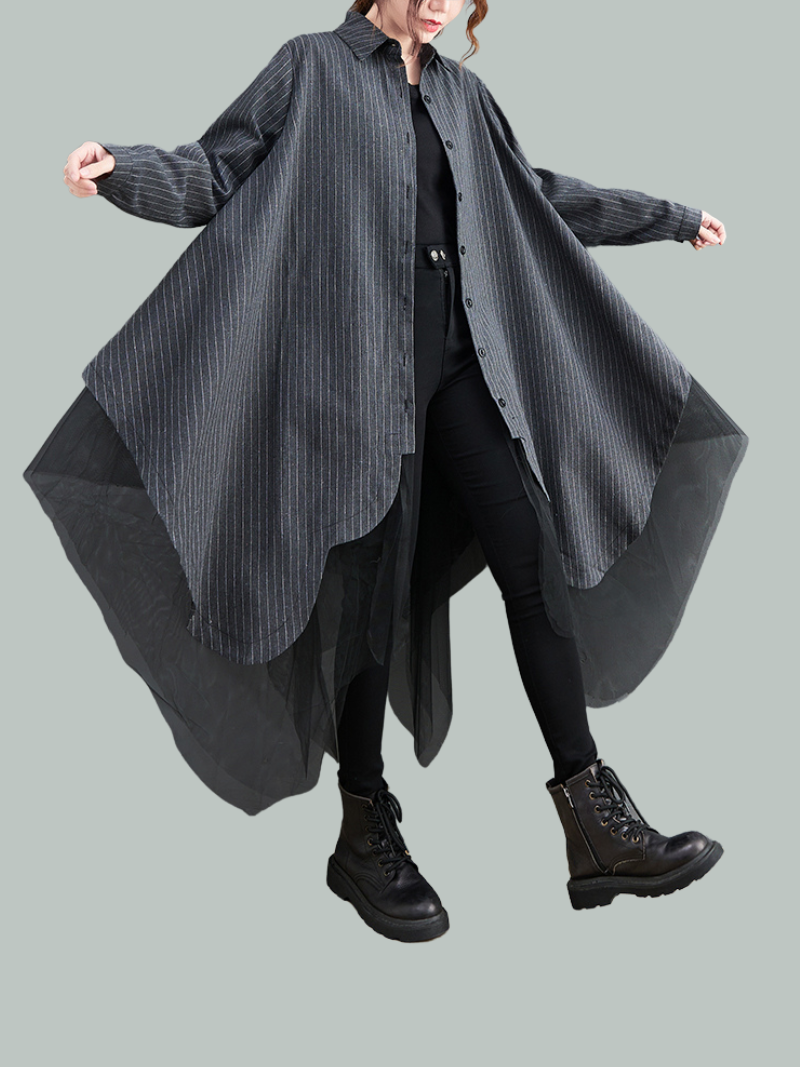 Women Autumn Loose Fashion Striped Mesh Mid-Length Button Shirt Dress