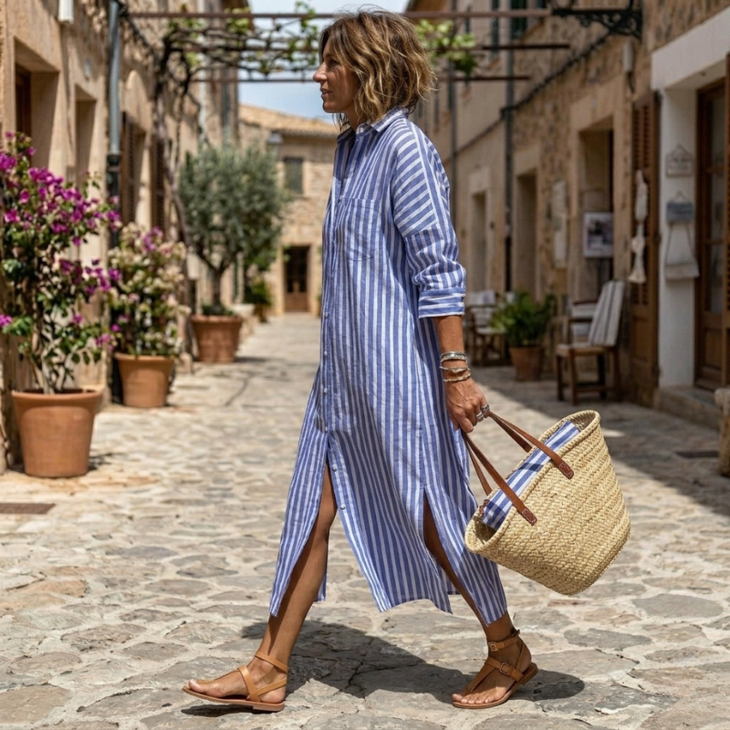 Collared Striped Button-Front Long Sleeve Shirt Maxi Dress 5