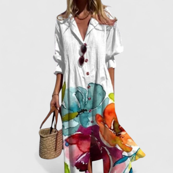Collared Button Front Leaf Print Long Sleeve Flowy Maxi Shirt Dress 2