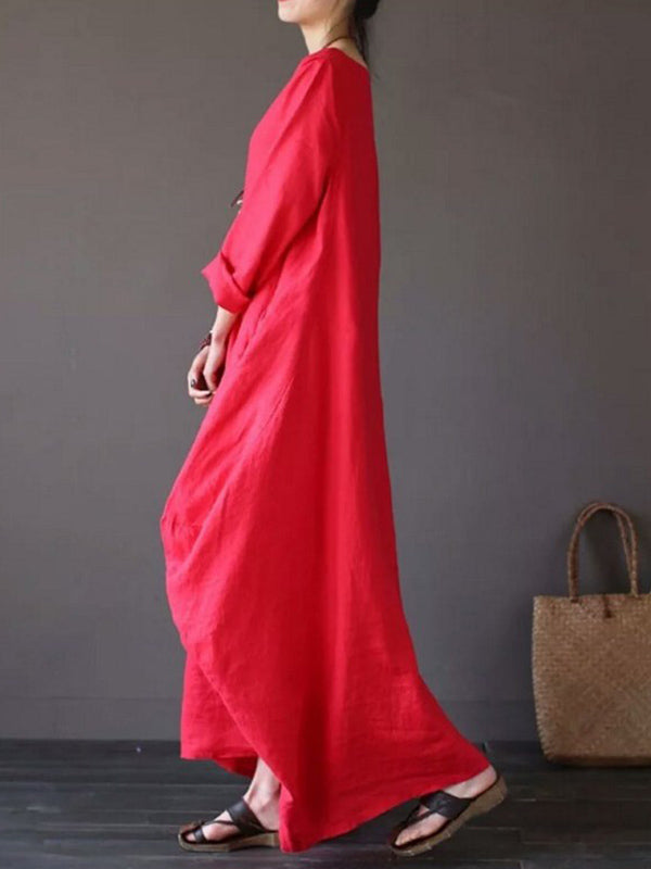 Round Neck Long Sleeve Linen Loose Cocoon Maxi Dress