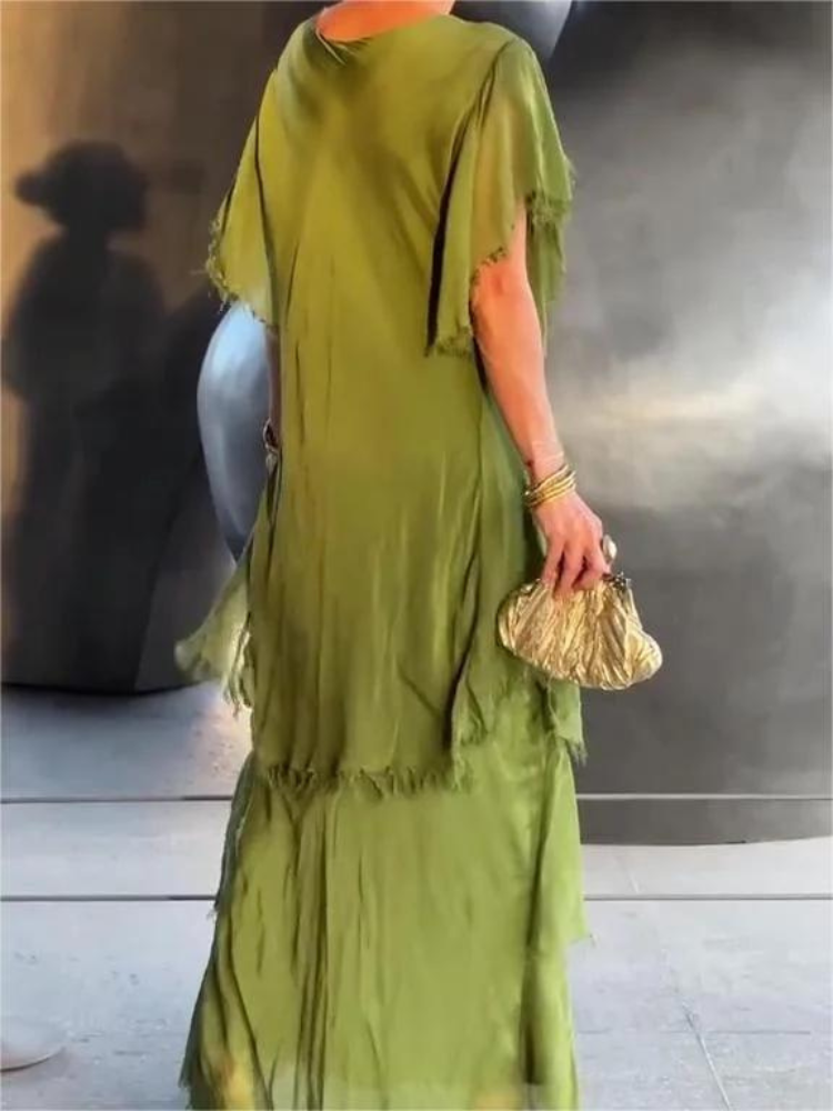 V-Neck Sequin Trim Flutter Sleeve Tiered Ruffle Chiffon Maxi Dress 10
