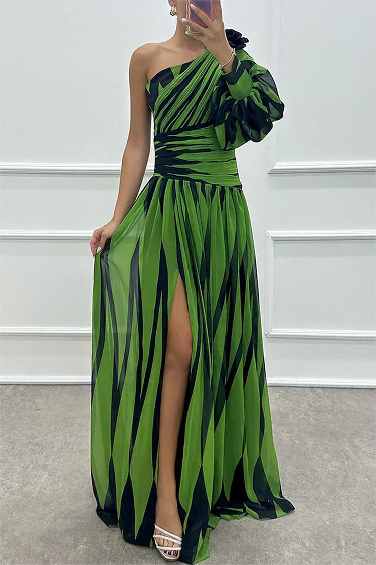 One Shoulder Striped One Sleeve Ruched High Slit Maxi Dress