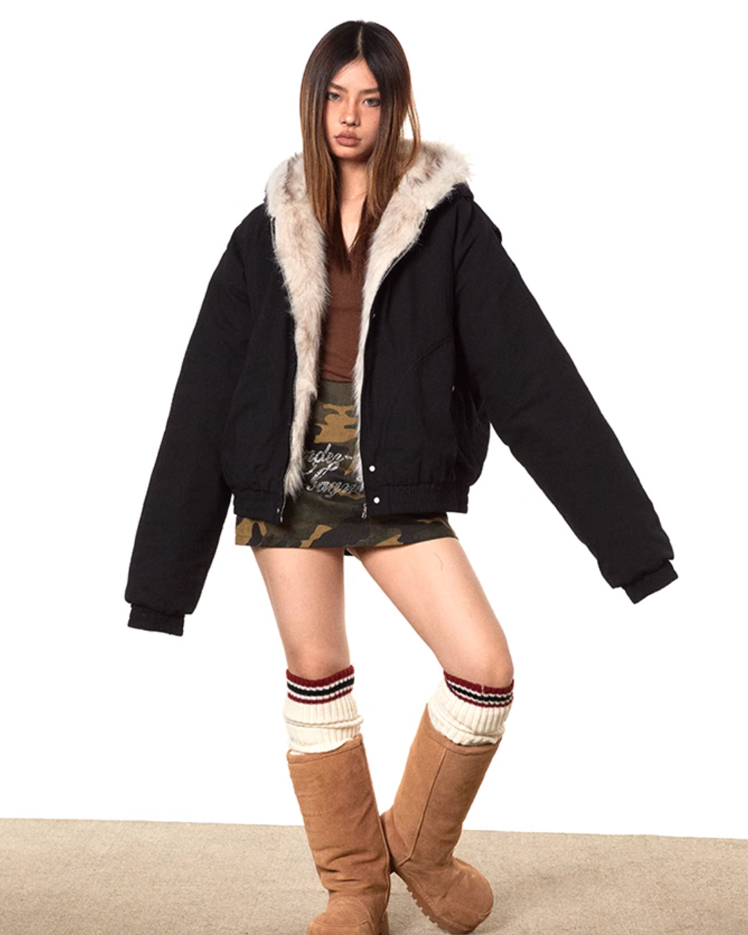 Fur-Lined Oversized Bomber Jacket