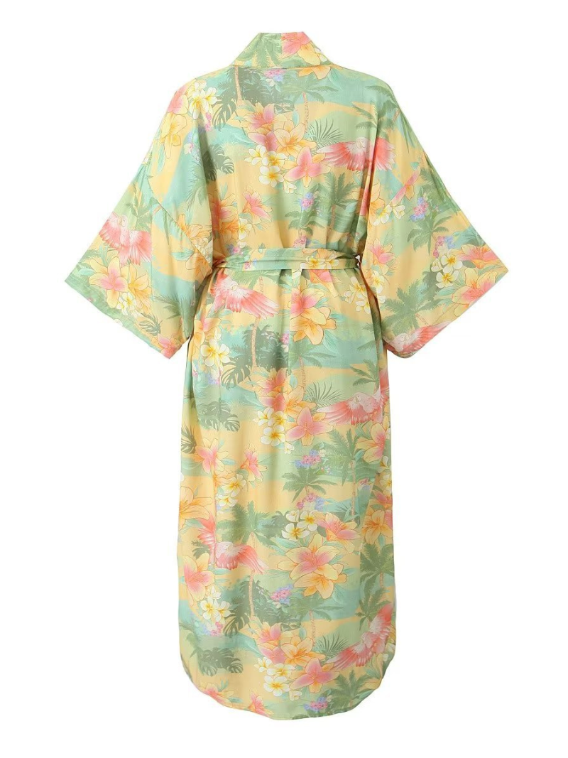 Yellow Tropical Floral Belted Short Sleeve Long Kimono Robe 3