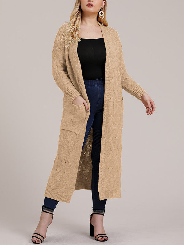Open Front Cable Knit Pocket Longline Cardigan
