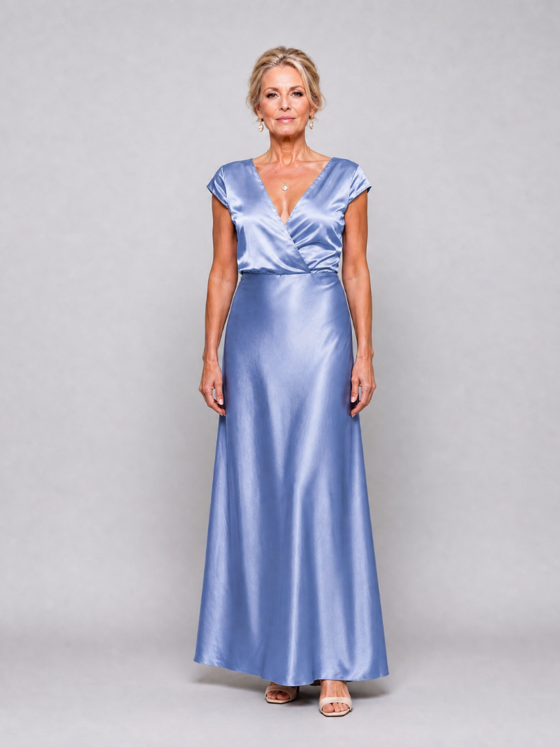 V-Neck Cap Sleeve Satin Wrap Bodice Bias Maxi Gown 9
