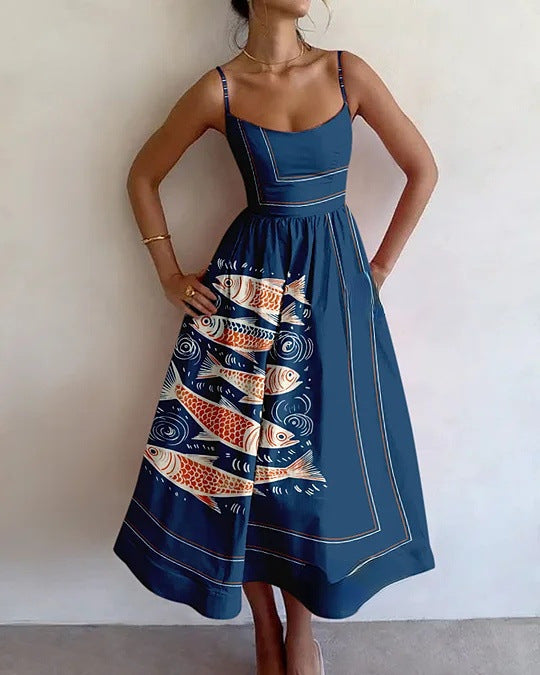 Spaghetti Strap Scoop Neck Koi Fish Print A-Line Midi Dress