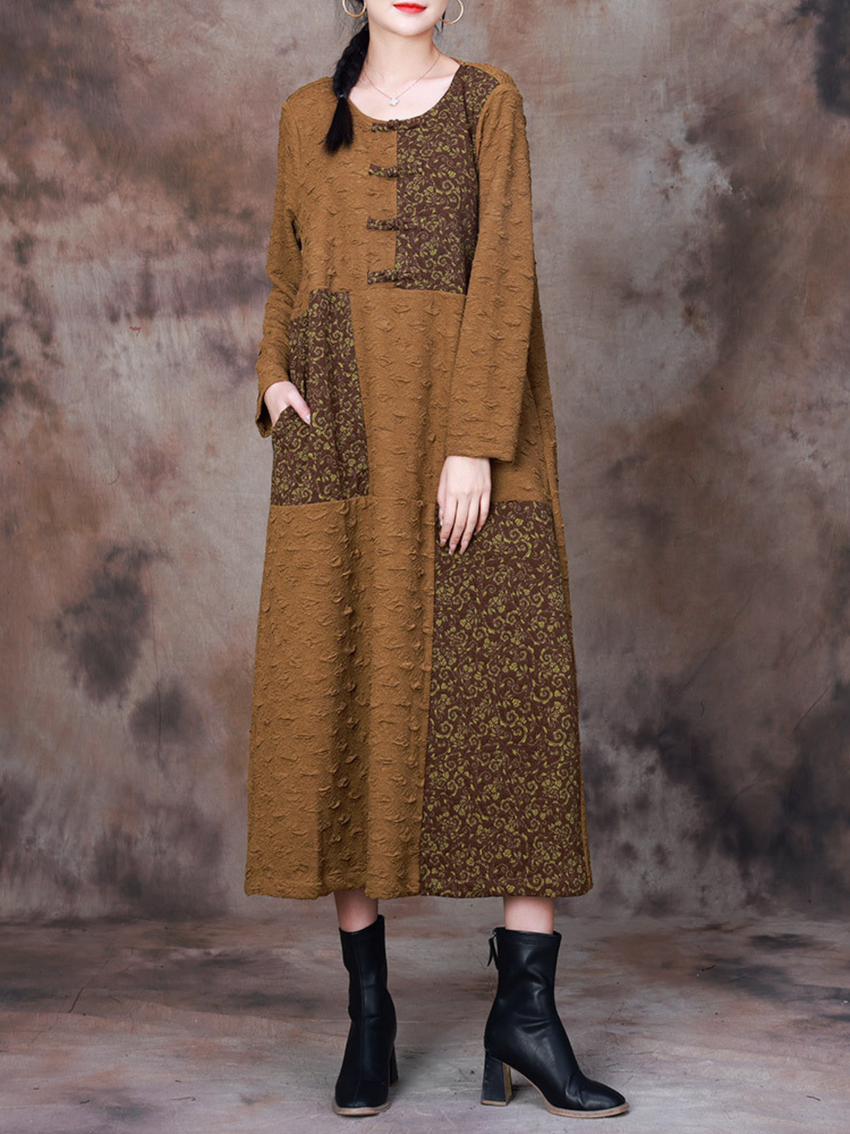 Round Neck Long Sleeve Frog Button Floral Patchwork Loose Midi Dress 5