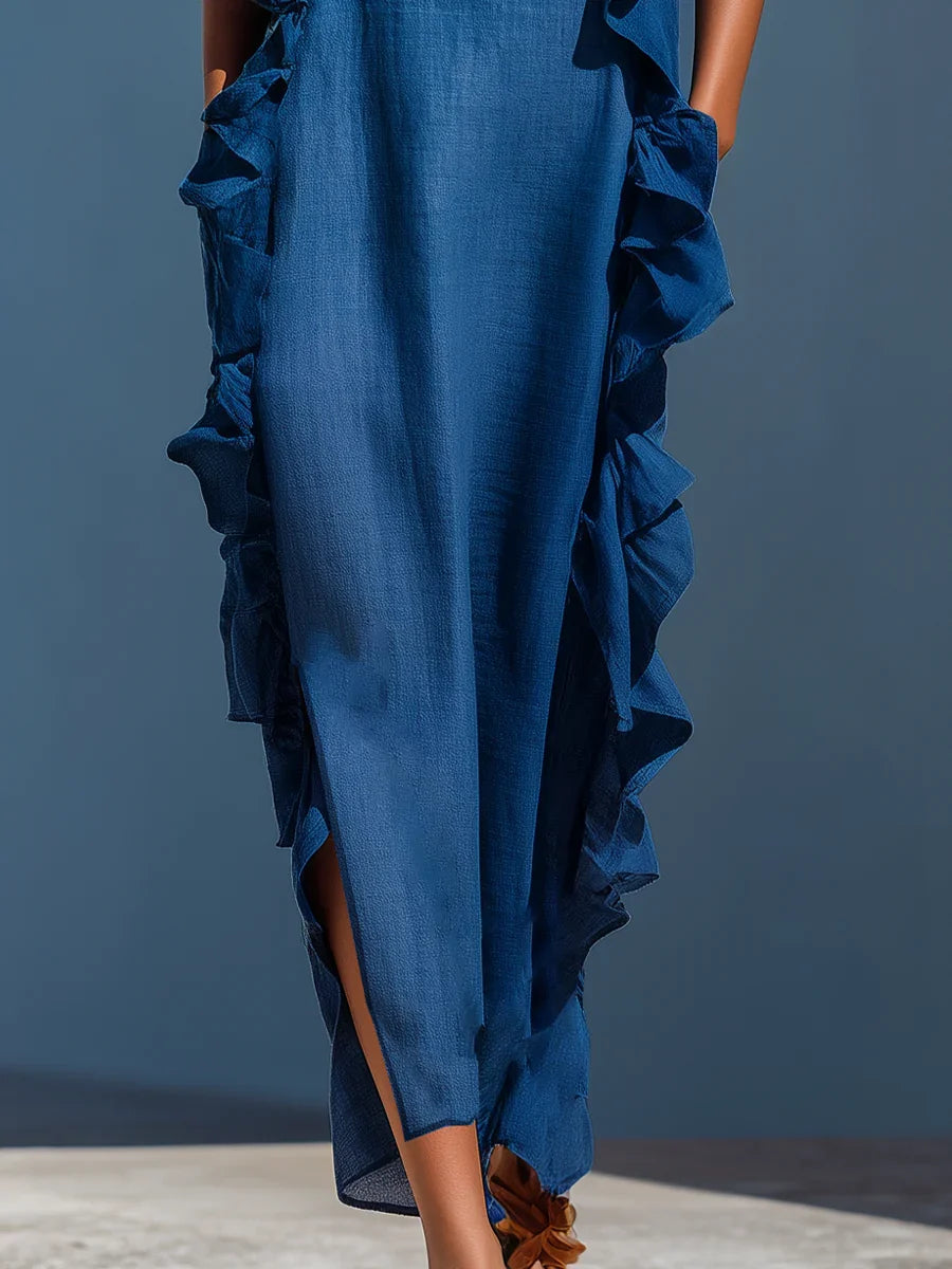 Blue Spaghetti Strap Cascade Ruffle Trim Column Maxi Dress