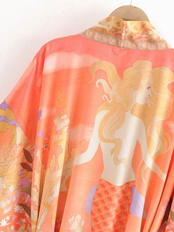 Orange Shawl Collar Floral Crane Print Belted Long Kimono Robe 7