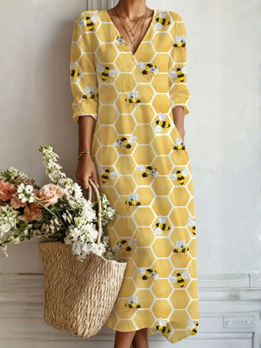 Multicolor V-Neck Bee Honeycomb Print Pocket A-Line Maxi Dress