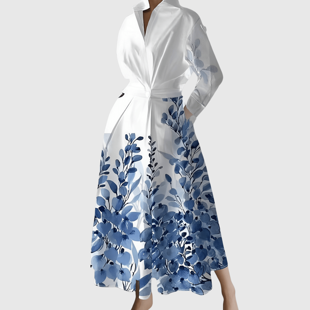 Collared Floral Border Print Long Sleeve Pocket Shirt Maxi Dress