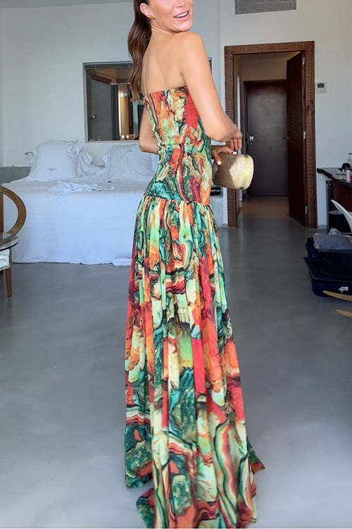 Print Strapless Abstract Marble Print Dropped Waist Flowy A-Line Maxi Dress