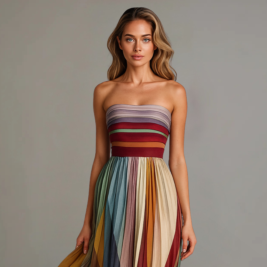 Multicolor Strapless Striped Colorblock Pleated Flowy A-Line Maxi Dress