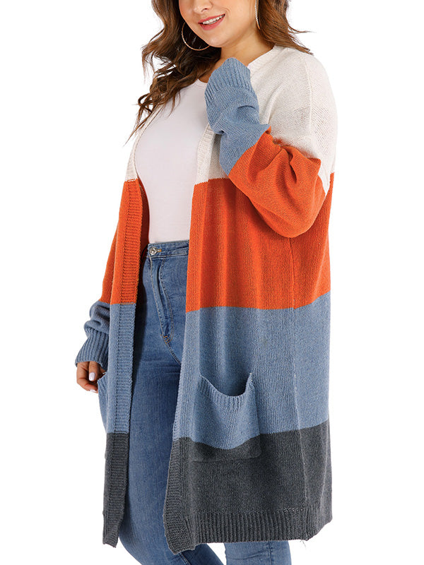 Multi Color Open Front Color Block Long Sleeve Patch Pocket Knit Cardigan