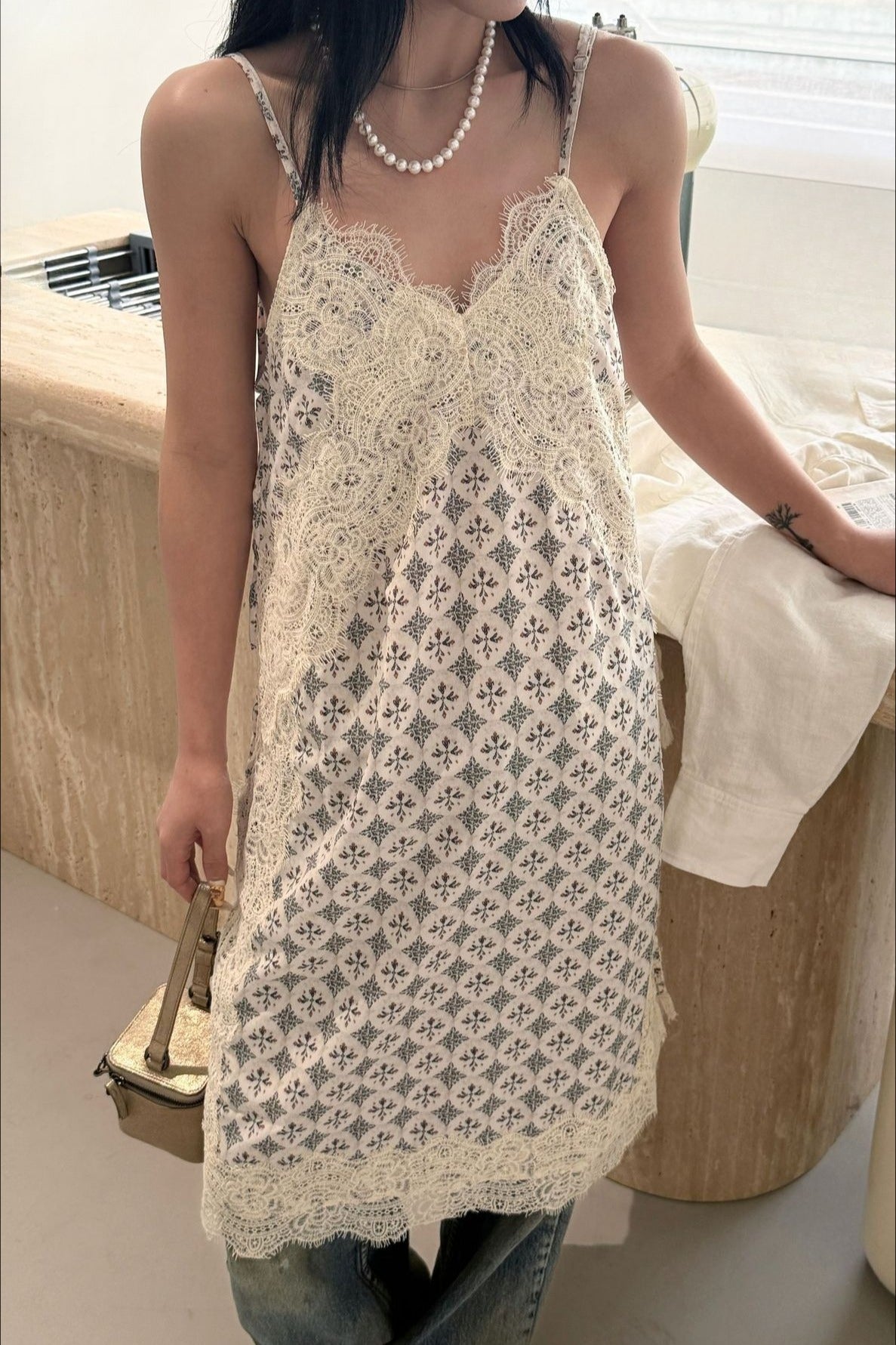 Beige Deep V Neck Eyelash Lace Geometric Print Layered Midi Dress