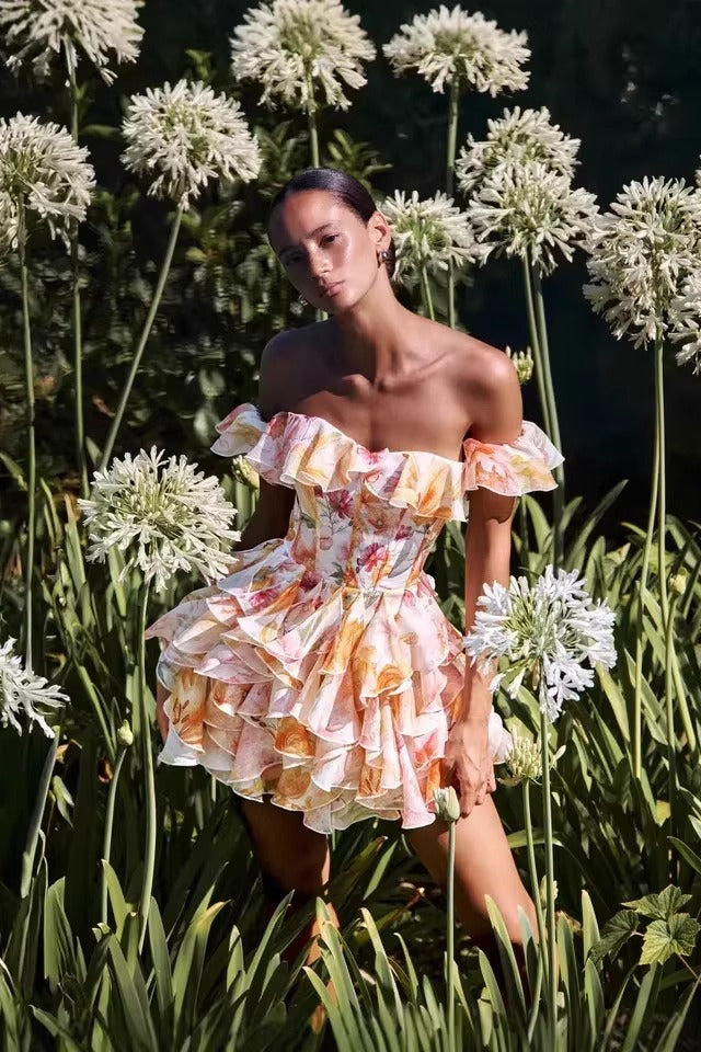 Romantic Off Shoulder Backless Waist Floral Dress