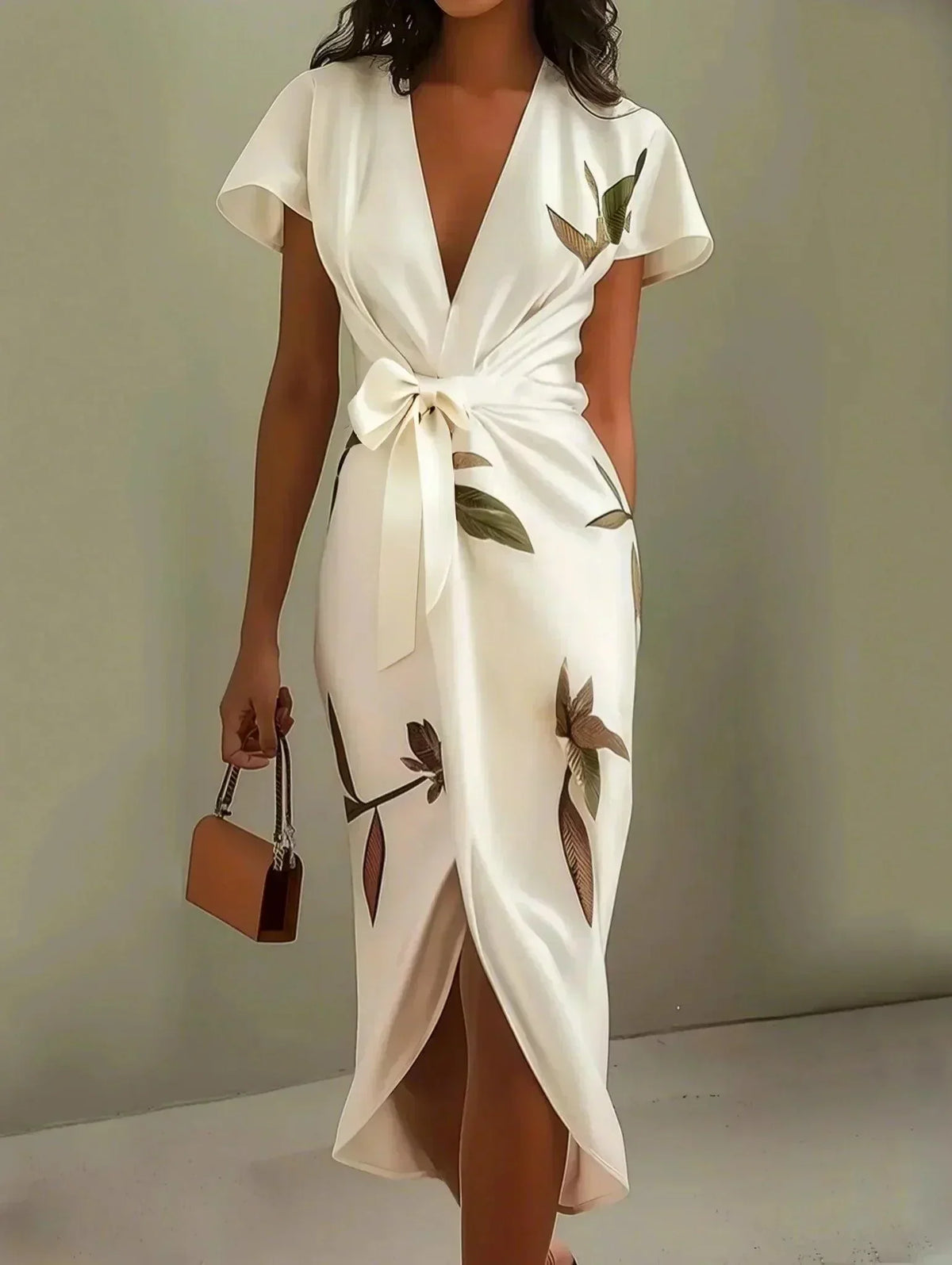 V-Neck Short Sleeve Leaf Print Tie Waist Wrap Midi Dress