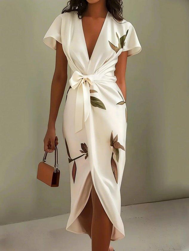 V-Neck Short Sleeve Leaf Print Tie Waist Wrap Midi Dress