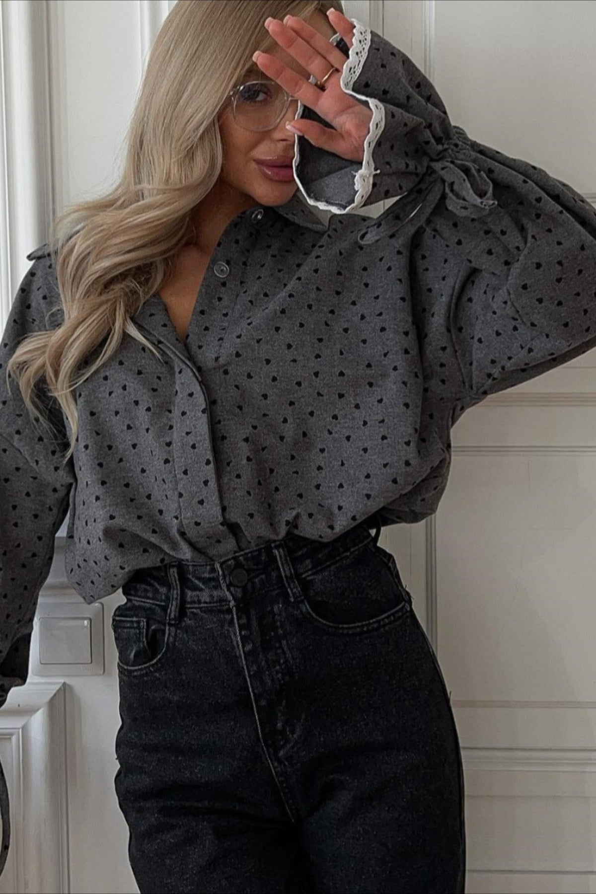 Polka Dot Lace Cuff Blouse