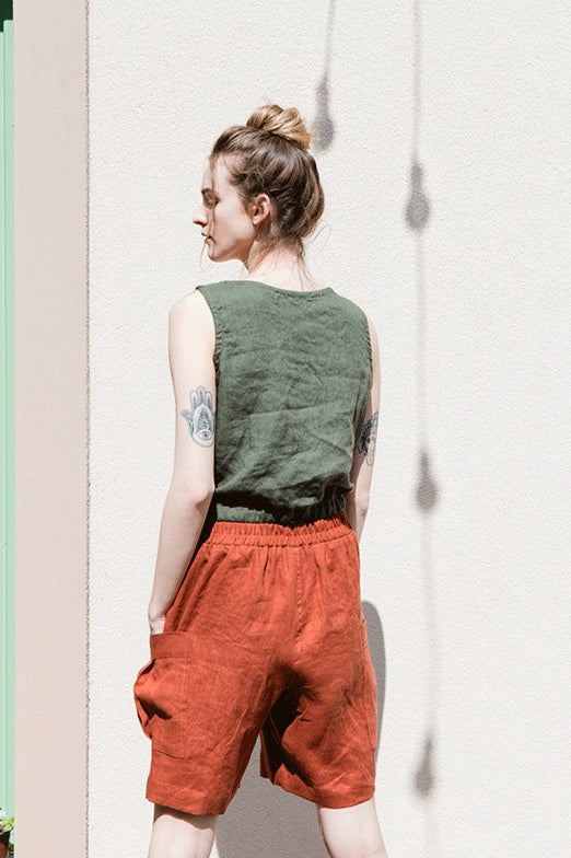 Linen Cargo Elastic Waist Pants