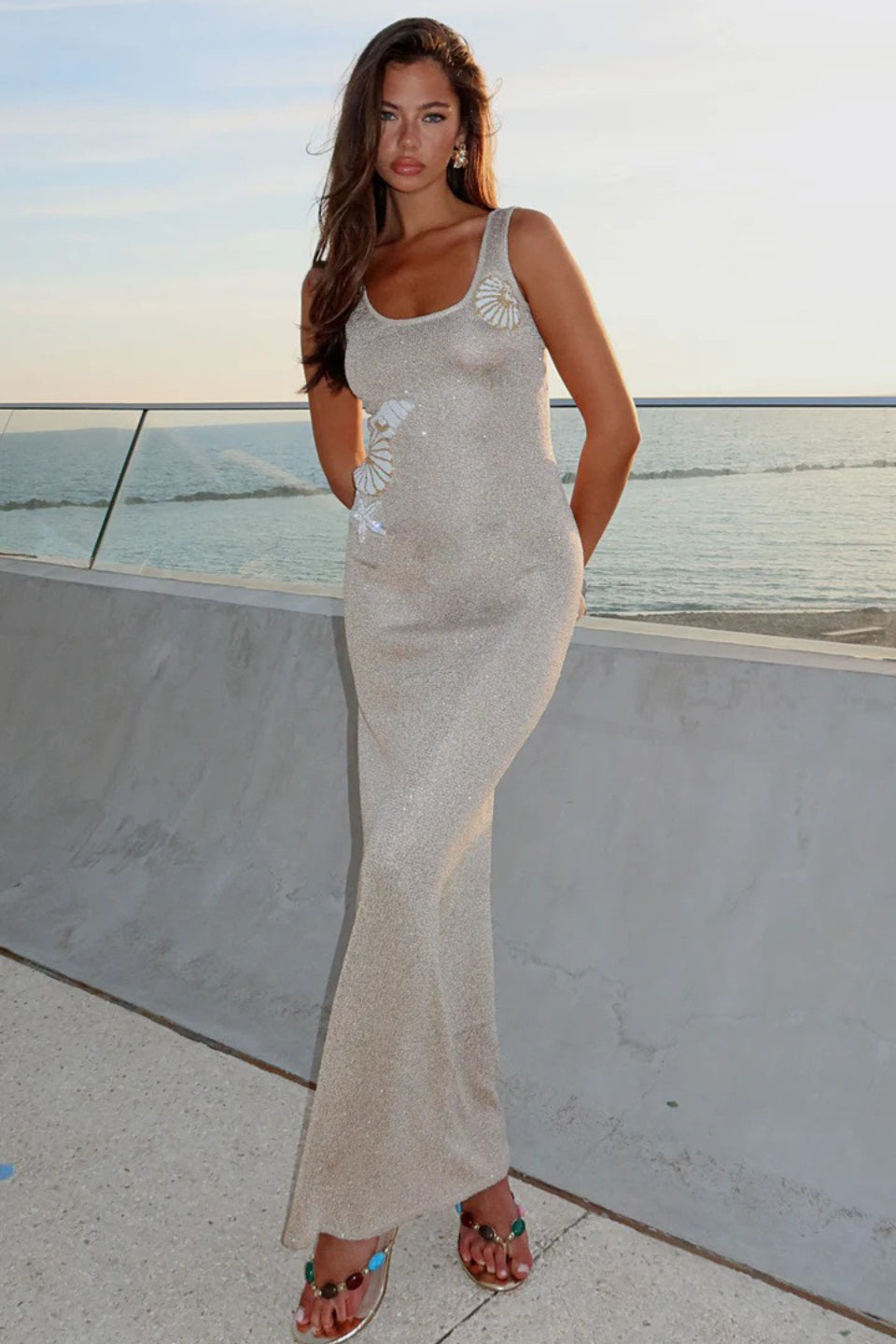 Scoop Neck Shell Starfish Beaded Applique Shimmer Rib Knit Bodycon Dress 3