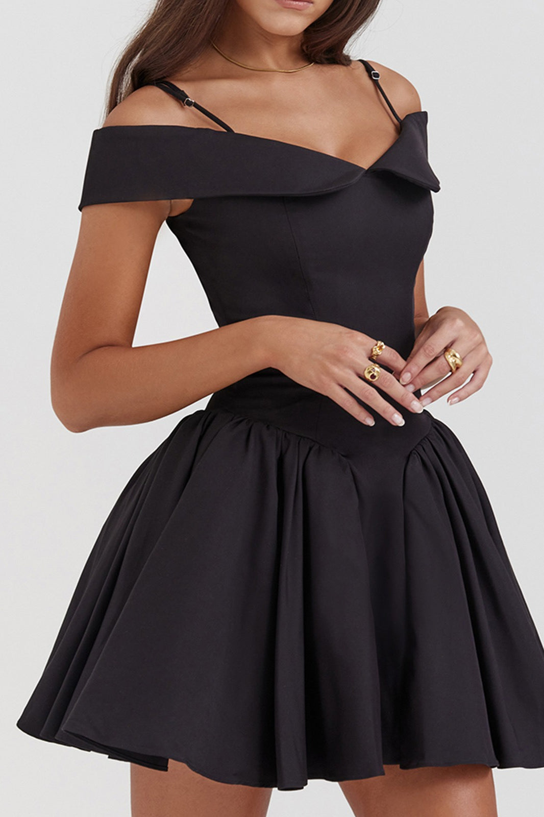 Off Shoulder Lapel Waist Cinch Ballet A Line Slip Dress