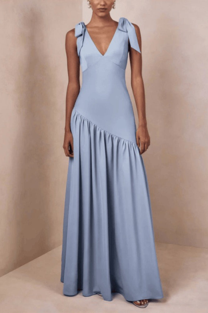 Elegant Bow Strap Fitted Flared Sleeveless Party Dress