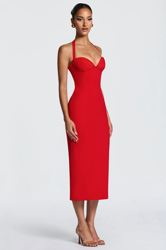 Solid Halter Neck Tie Back Midi Party Dress