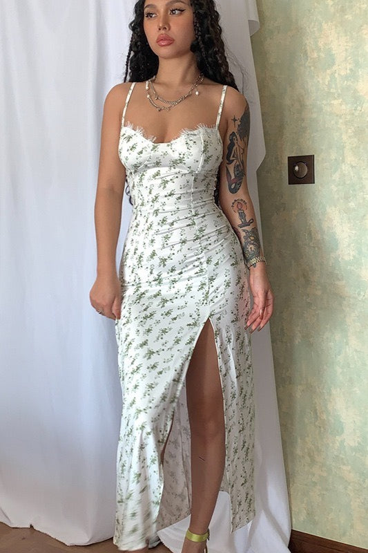 Spaghetti Strap Sweetheart Lace Trim Corset Bodice High Slit Midi Dress 13