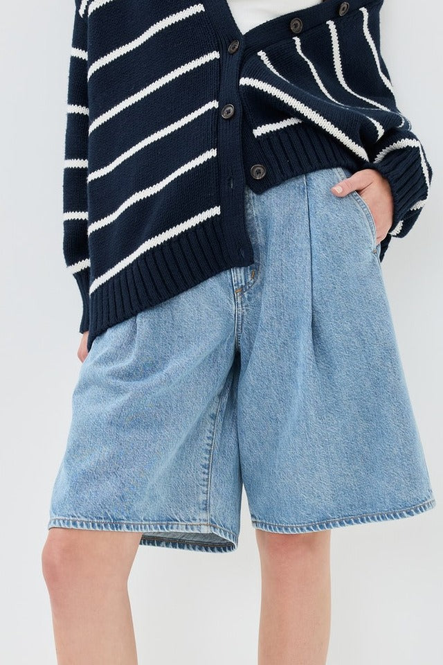 Striped Cotton V Neck Slouchy Knit Cardigan