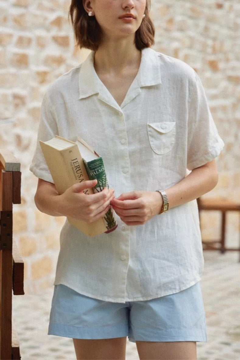 Linen Camp Collar Short Sleeve Blouse