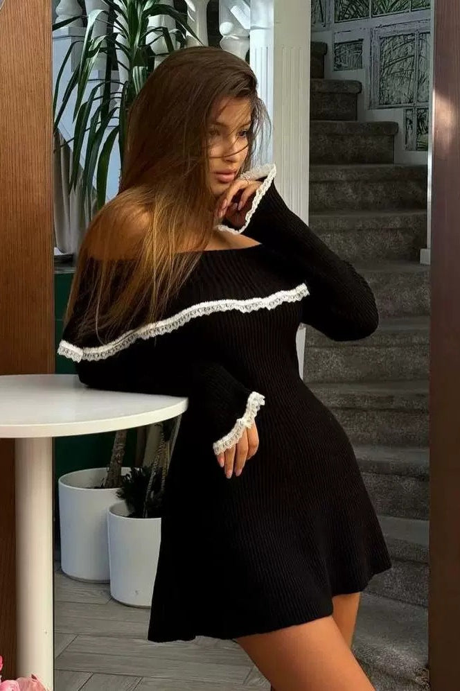 LaceTrimmed Knit OffShoulder Mini Sweater Dress