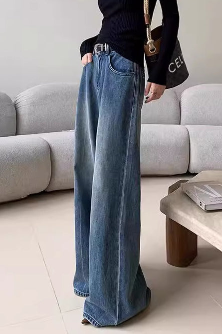 Blue Washed Casual High Waist Relaxed Long Jeans