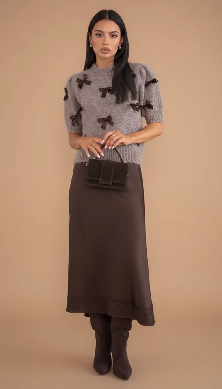 Chocolate Mock Neck Bow Applique Short Sleeve Sweater Satin Skirt Set