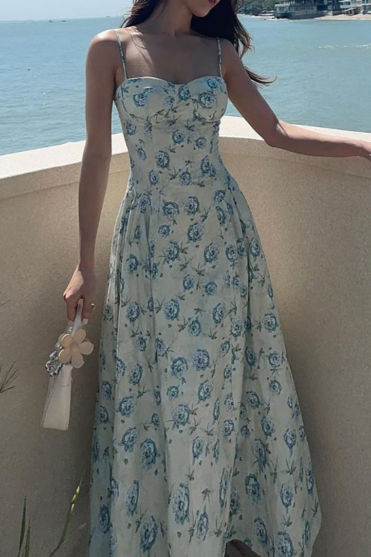 Blue Spaghetti Strap Sweetheart Corset Toile Floral Print A-Line Maxi Dress 2