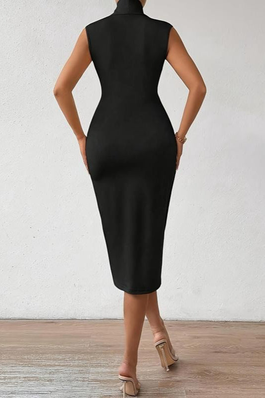 Elegant Solid Pleated Sleeveless Work Dress