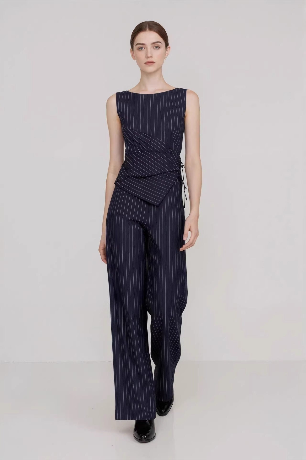 Stripe Asymmetric Sleeveless Top Straight Work Set