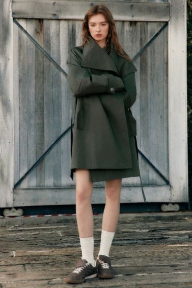 Wide Collar Single-Button Mid-Length Loose Fit Trench Coat