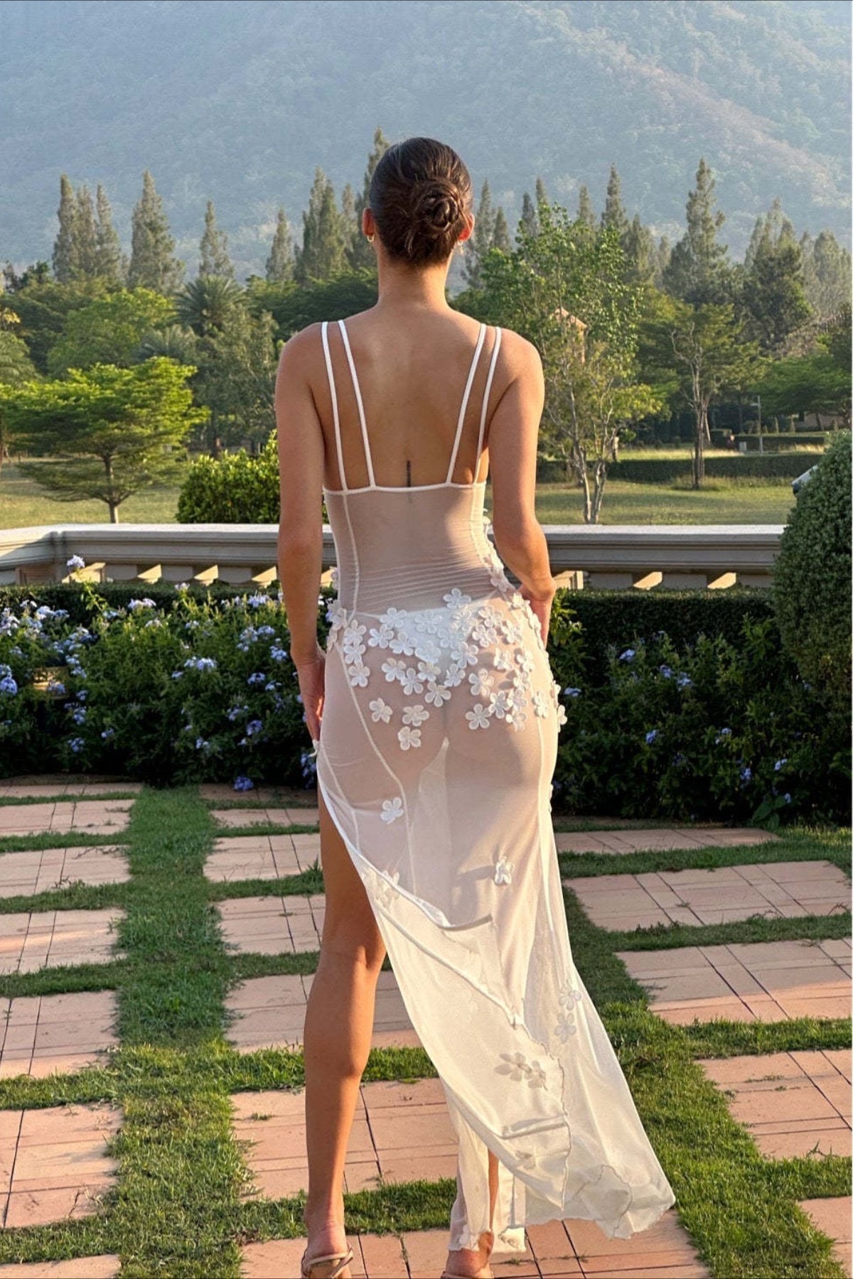 Deep V Mesh Backless 3D Floral Slip Dress