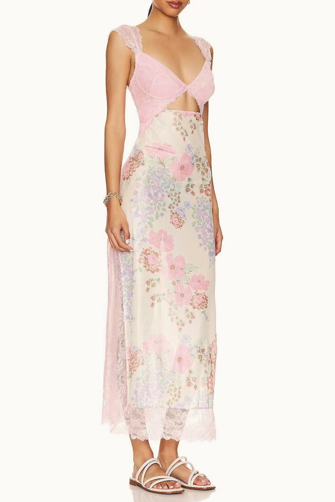 Sweetheart Lace Cap Sleeve Triangle Cutout Floral Print Bodycon Midi Dress 9