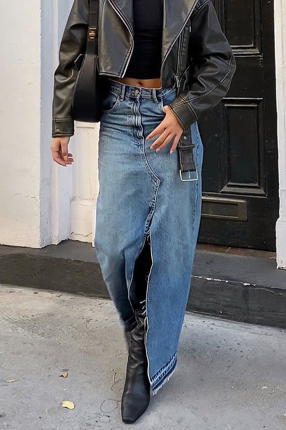 Blue Denim Raw-Hem A-Line Skirt