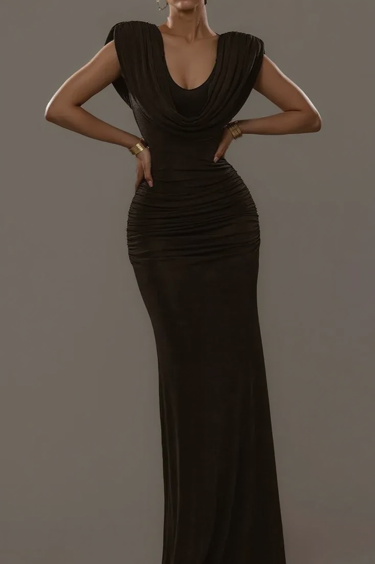 Solid Cowl Neck Ruched Waist Cinch Party Dress