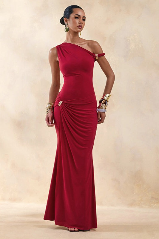 Off Shoulder Asym Metallic Trim Party Dress