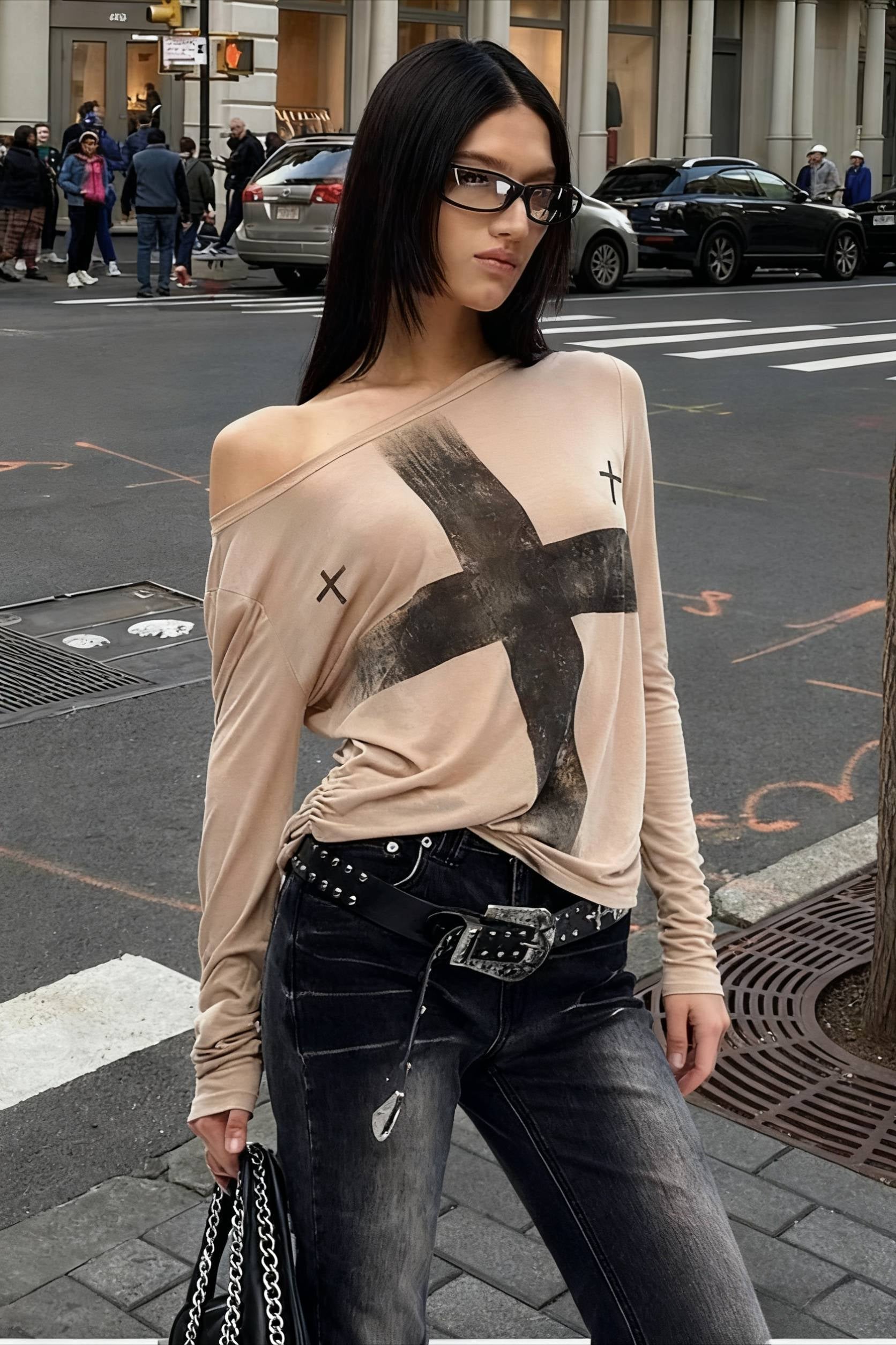 Cross Print Asymmetrical TShirt