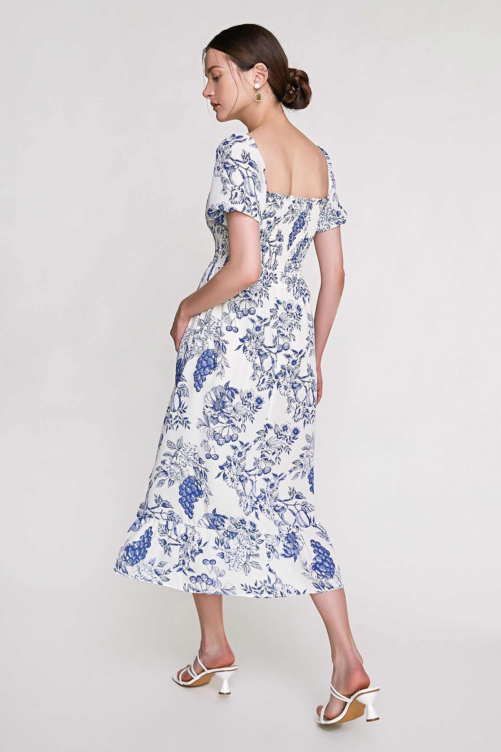 Blue Fruit Print Smocked Puff Sleeve Maxi Dress