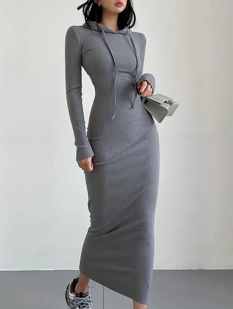 Casual Long Sleeve Drawstring Hooded Bodycon Dress - Black M / Coffee Black Long Bodycon Dress