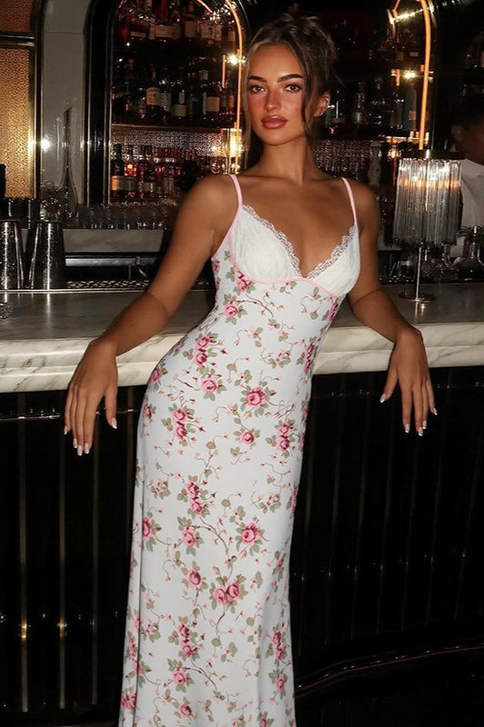 Pink Spaghetti Strap Deep V Lace Cup Floral Print Bodycon Maxi Dress