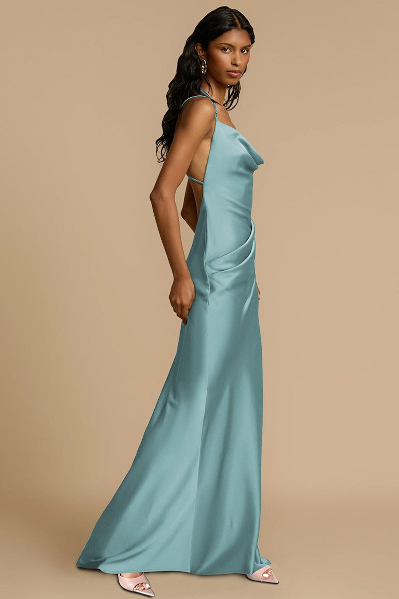 Solid Color Draped Collar Backless Evening Dress