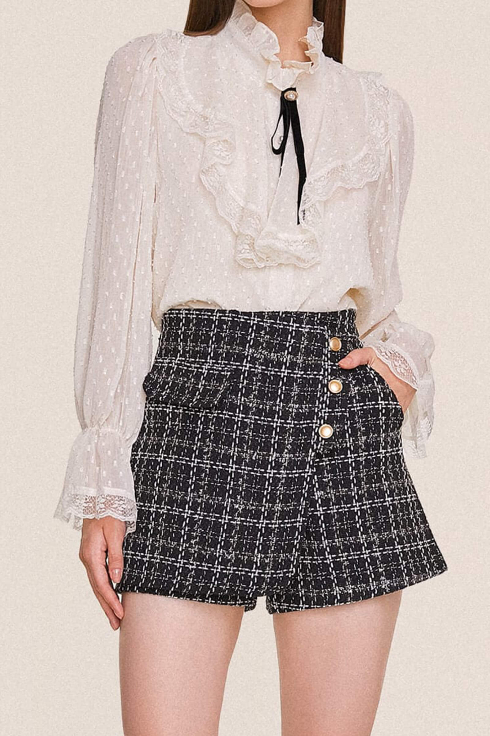 Black Checked Button Detail Tweed Skort